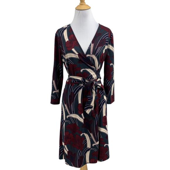Ann Taylor Dress Womens 4 Multi Floral 3/4 Sleeve Wrap Knee Length Tie Waist - Picture 1 of 12